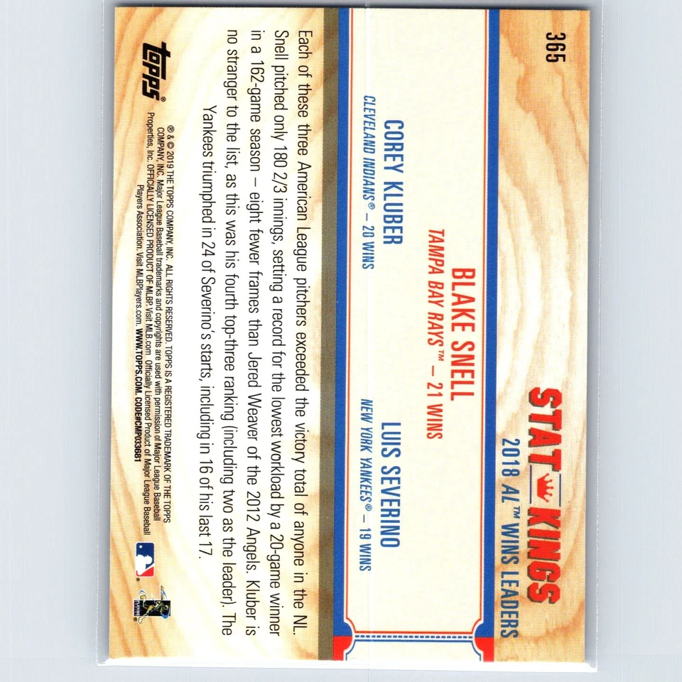 2019 Topps Big League Blake Snell / Corey Kluber / Luis Severino SK #365 - Image 2 of 2