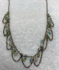 Vintage Silver Tone Double Stranded Multicolored Beaded Statement Necklace