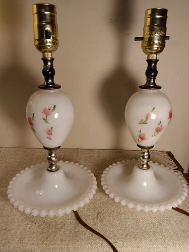 Vintage White Milk Glass Table Lamps, Pink Roses, Hobnail Base, Set/2