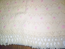 Handmade Crocheted Baby Blanket Pink Flowers Fringe NEW 30" x 40"