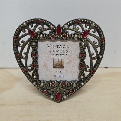Vintage Heart Picture Frame 3x3 Malden Rhinestones Metal Border Brass/Gold Tone