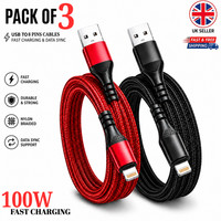 Heavy Duty Braided Long USB Fast Charger Cable Lead For iPhone 14 13 12 11 X 7 8