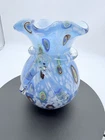 Vintage Murano Art Glass Millefiori Vase Hand Blown Applied Bow Sky Blue