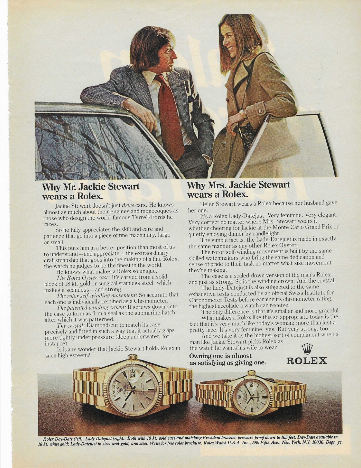 MR. and MRS. JACKIE STEWART   ROLEX  ORIGINAL PRINT AD