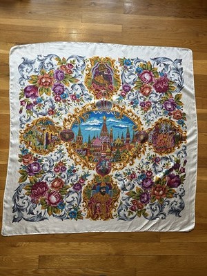 Russian Folk Scarf St Basil Cathedral Floral 35x35 Silk Feel Square