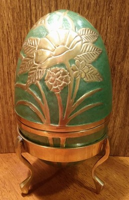 Vintage Brass &green Enamel Egg Trinket Box With Stand.  Made In India. As Is
