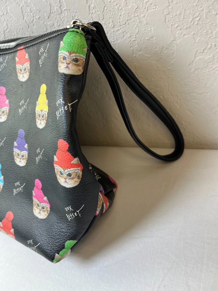 Lindo bolso de muñeca Betsey Johnson cara de gato negro con cremallera arte pop gorro estampado Foto 4 de 4