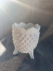 Vintage Fenton Art Milk Glass English Hobnail 3 footed vase