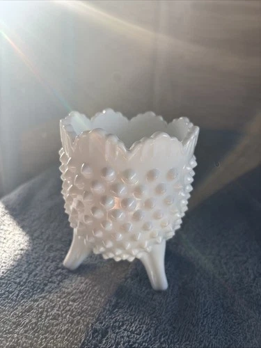 Vintage Fenton Art Milk Glass English Hobnail 3 footed vase
