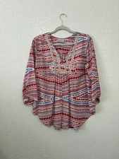 Collective Concepts Women's Bohemian Red And Blue Geometric Design Tunic Blouse