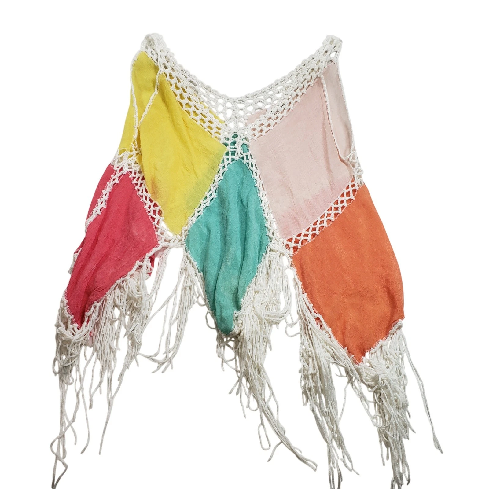 Mistletoe Womens Patchwork Crochet Fringe Boho Poncho Top XL Multicolor