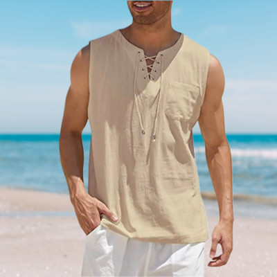 Men's Sleeveless Shirt Tank Top Lace Up Cotton Casual Plain Summer Vest 5 COLORS