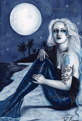 Fantasy Art PRINT Mermaid Gothic Stars Moon Night Beach Shore Sea Blue WC