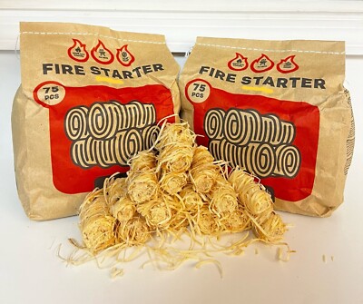 150 Eco Fire Starters (2×75) Wood Wool & Wax Firelighters,BBQ Campfire Fireplace