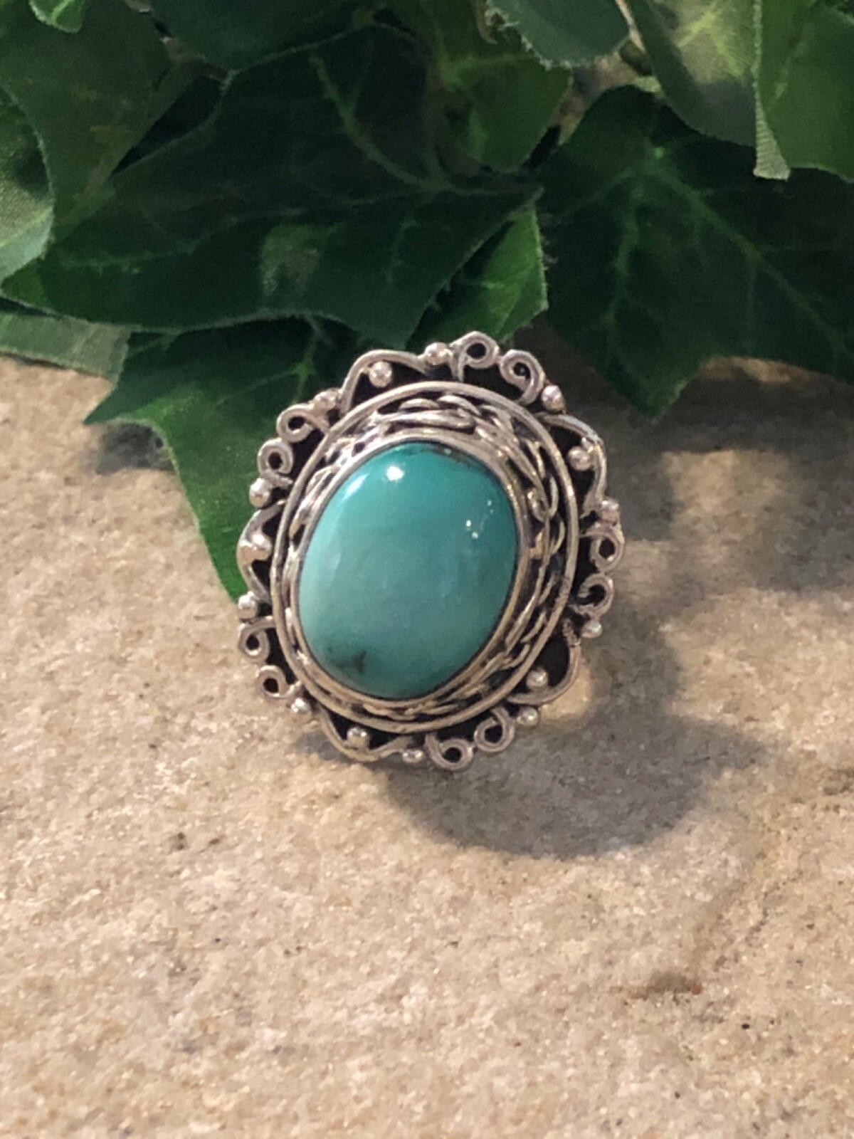 STERLING SILVER Large Turquoise Scroll Ring 15.6 … - image 1