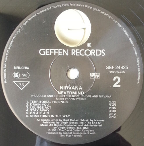 NIRVANA-NEVERMIND VINYL LP Germany 1st PRESS EAR LABEL 1991 MISPRINT INNER