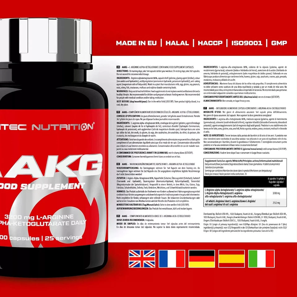 SCITEC AAKG 100-200 Caps - L-Arginine Nitric Oxide Muscles Pump Growth Pills - Image 3 of 4