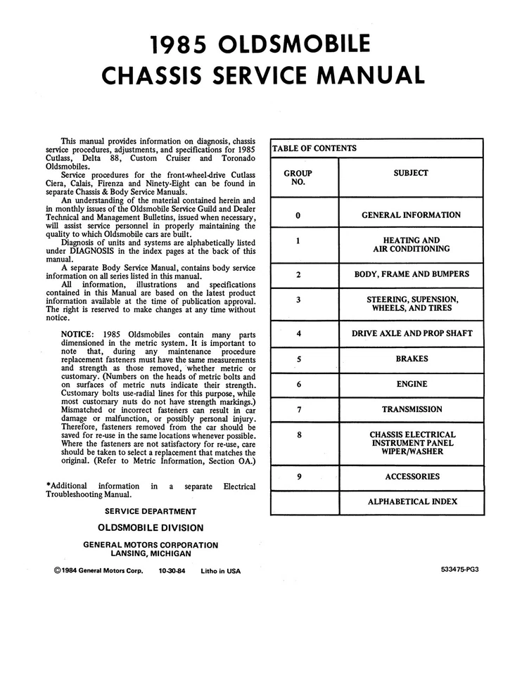 1985 Oldsmobile Service Manual Cutlass Supreme Delta 88 Toronado Custom Cruiser - Image 2 of 4