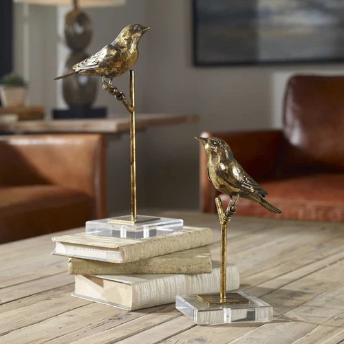 PAIR AGED GOLD PERCHED BIRDS CRYSTAL BASE MODERN ART STATUE UTTERMOST 18898 - Picture 4 of 5