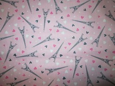 PARIS EIFFEL TOWER FRANCE LANDMARKS HEARTS WHITE PINK COTTON FABRIC FQ