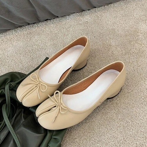 Women's Mid Heel Ballet Court Shoes - Leather Bowtie Tabi Split Toe Design Uk - Picture 11 of 22