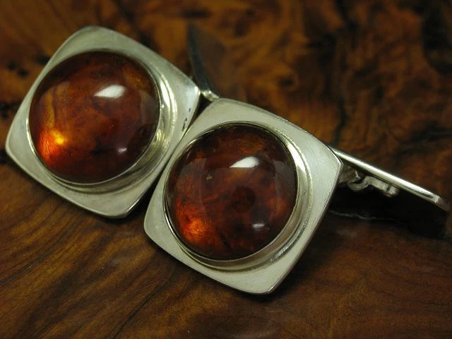 925 Argento Sterling Gemelli Con Ambra Ricoperto / Vero Argento / 15,1g - Immagine 2 di 3