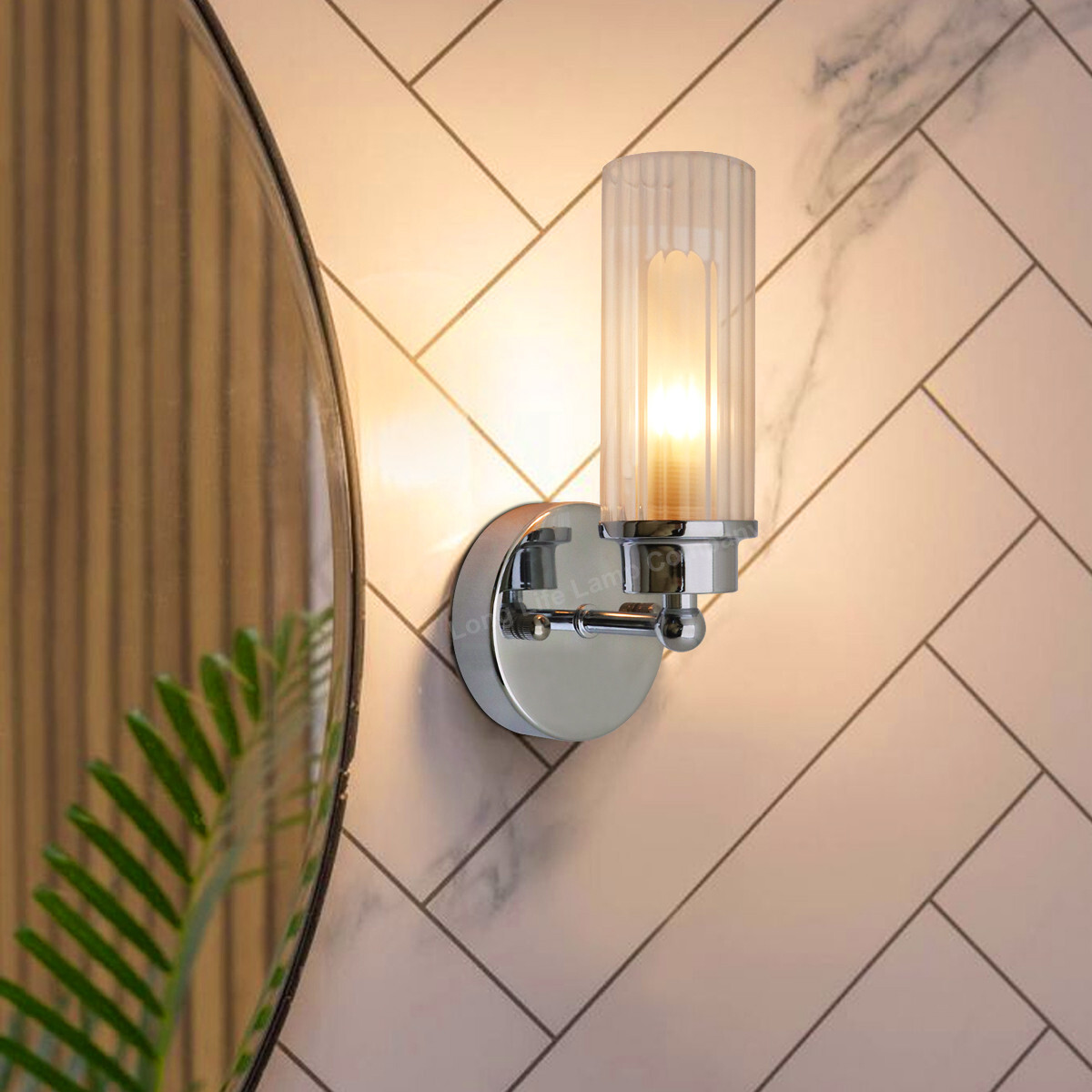 Ribbed Glass Single Bathroom Wall Light Polished Chrome Slim Side 