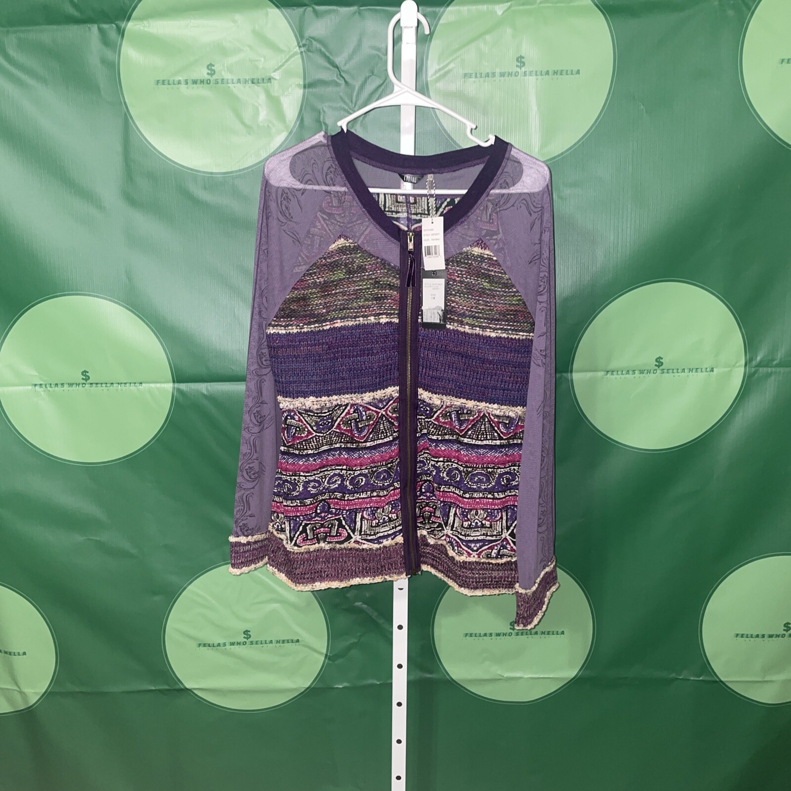 KAKTUS mixed media zip front cardigan sweater in PLUM BERRY sz 1X NWT