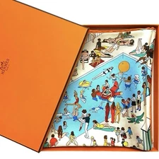 Excellent Used Hermes Scarf Carre 90 No Box SilkOn The Beach Summer Sea Auth Rar