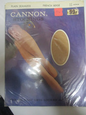 1PR VINTAGE CANNON RHT SHEER SHINY FLAT KNIT NYLON STOCKINGS SZ 11 MED BEIGE