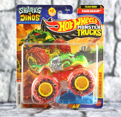 Hot Wheels Monster Trucks Sharks Vs Dinos Team Dino Rageasaur W/ Crushed Car