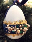 Vintage Milk Glas Ornament- CHRISTMAS EGG SHAPE w/VELVET, JEWELS & TRIM - 2-3/4"