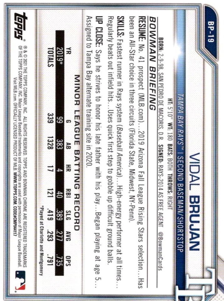 2021 Bowman Prospects Vidal Brujan Tampa Bay Rays #BP-19 - Image 2 of 2