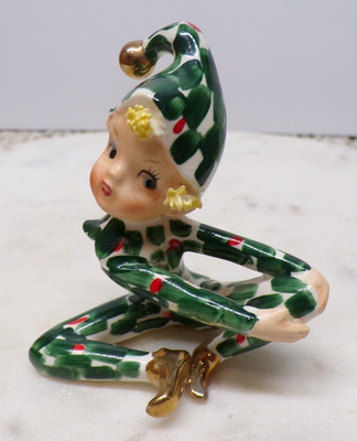 1950s Christmas Holly-Berry Lefton #303 Elf Pixie Spaghetti Hair Figurine &Decal