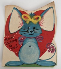 Vintage Valentine Used 1970's Diecut Mouse Ears Blue Red Heart USA Made Retro