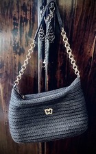 ERIC JAVITS " POWCHKY" Shoulder Bag BLACK RAFFIA Padded Chain Link Strap EUC