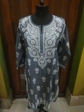 TUNIC M 40 41 ETHNIC DENIM 100 COTTON TOP HANDMADE CHIKAN EMBROIDERY KURTA KURTI