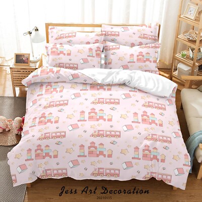 3D Train Blocks Pink Pattern Quilt Cover Set Bedding Sets Pillowcases Queen