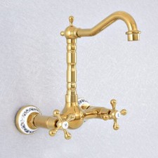 Luxury Gold Wall Mount Bathroom Sink Faucet Dual Handle Swivel Spout Mixer Tap