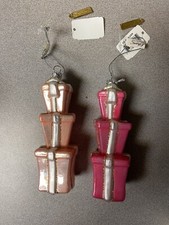 Set of TWO Katherines Collection Pink Stacked Christmas Presents Glass Ornaments