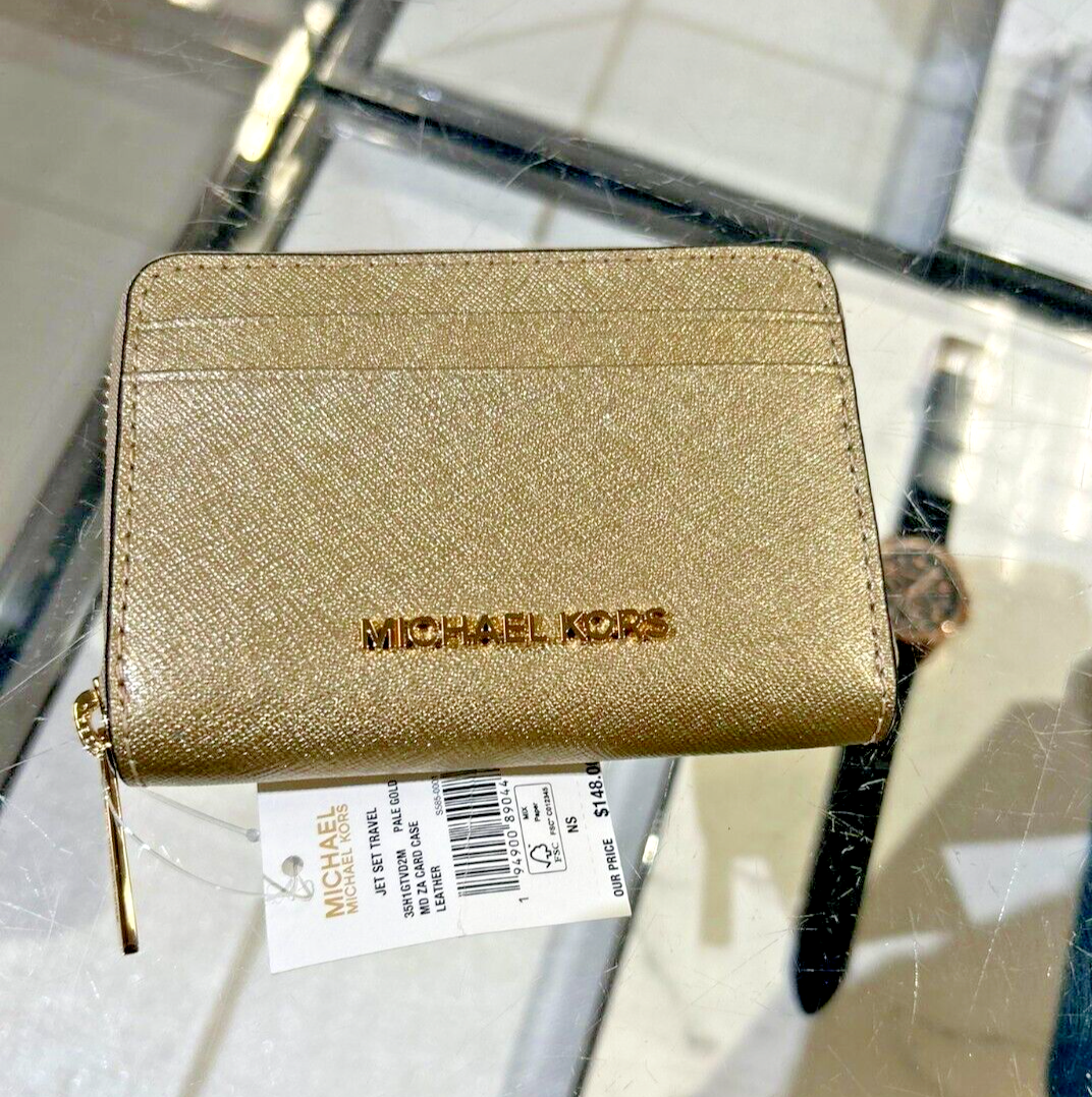 Michael Kors Leather Zip Around Card Case Coin Pouch Keychain Ring