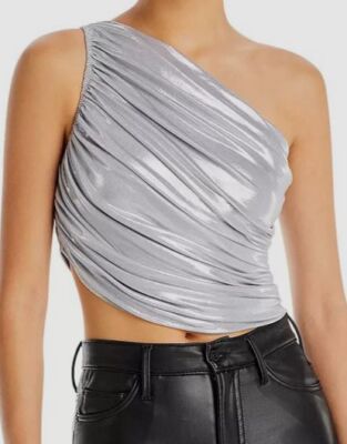 $171 Norma Kamali Women's Silver Diana One Shoulder Draped Top Size Medium