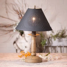 BEDSIDE TABLE LAMP & Punched Tin Shade - Distressed Pearwood Yellow Finish USA
