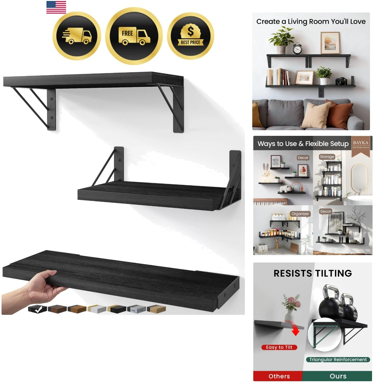 Wall Mounted Floating Shelves, Wood Floating Wall Shelf for Books & Decor, Sm...