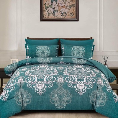 Mybedsoul Queen 7-Piece Boho Bed in a Bag Comforter Set Turquoise Damask
