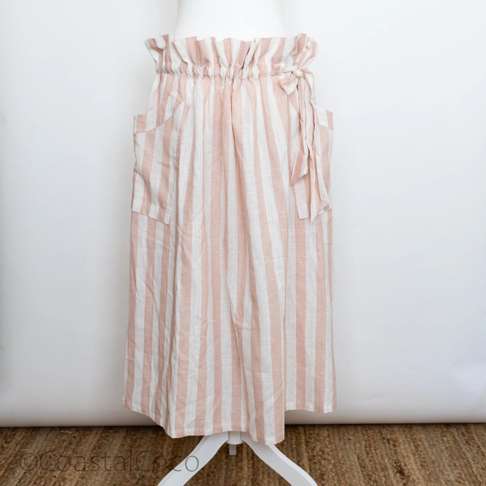 WHY Paperbag Skirt XL Striped Pocket Midi Linen Blend Coastal Resort NWT