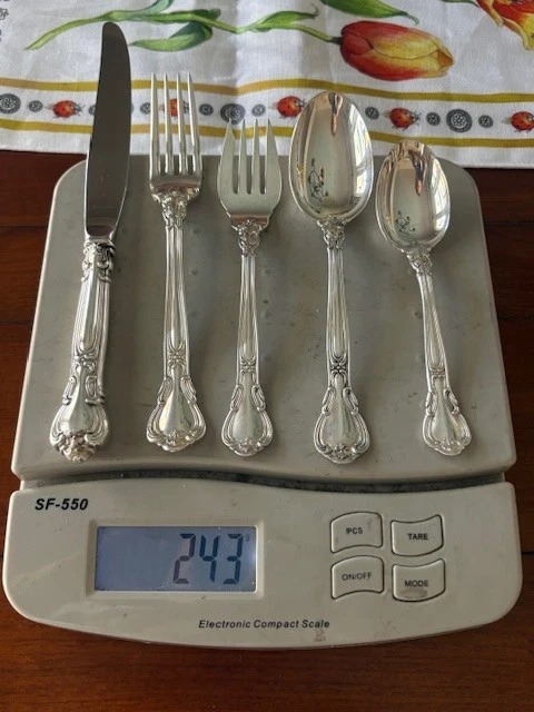 JUEGO DE 5 PIEZAS DE PLATA ESTERLINA GORHAM CHANTILLY TALLA CENA RARA COMO NUEVA 243 GRAMOS Foto 3 de 4