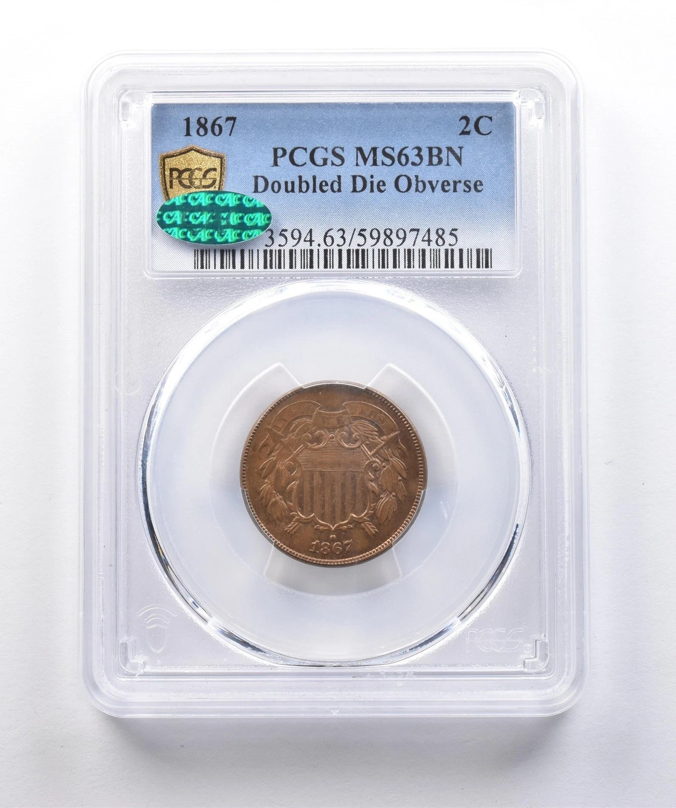 1867 Shield Two Cents Doubled Die Obverse MS63 BN PCGS CAC Rotate Die DDO *3012