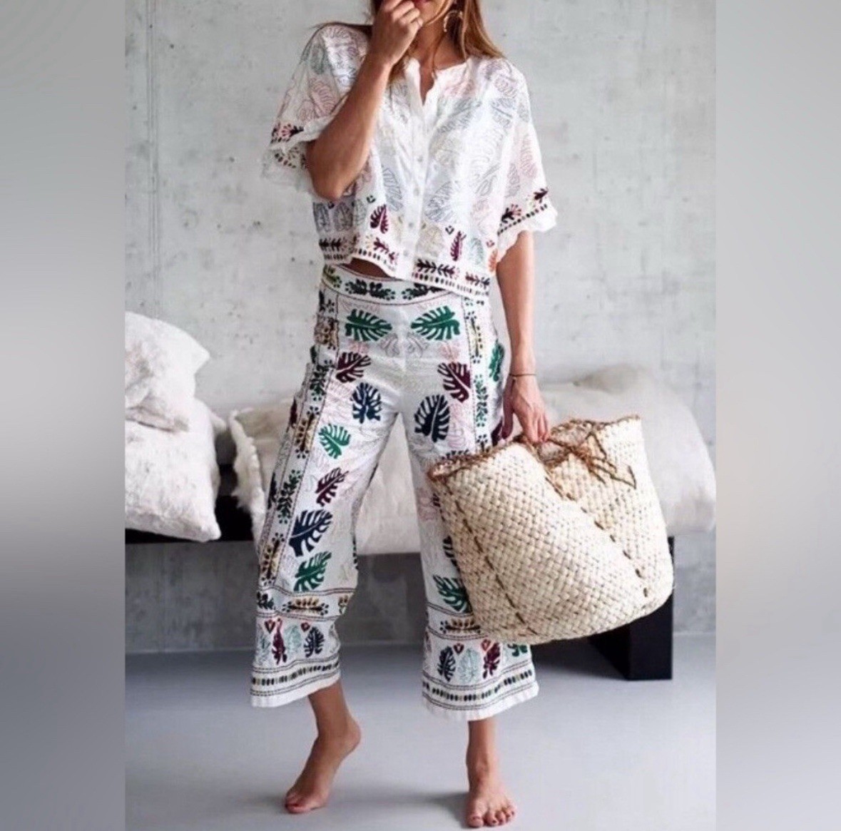 Zara Basic Embroidered Leaf Print Cotton Linen Pa… - image 7