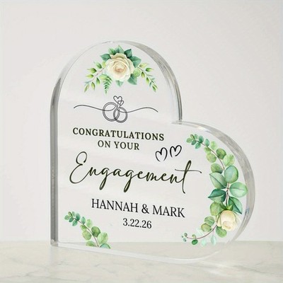 Custom Eucalyptus & Rose Heart Acrylic Plaque Engagement Congratulations Gift